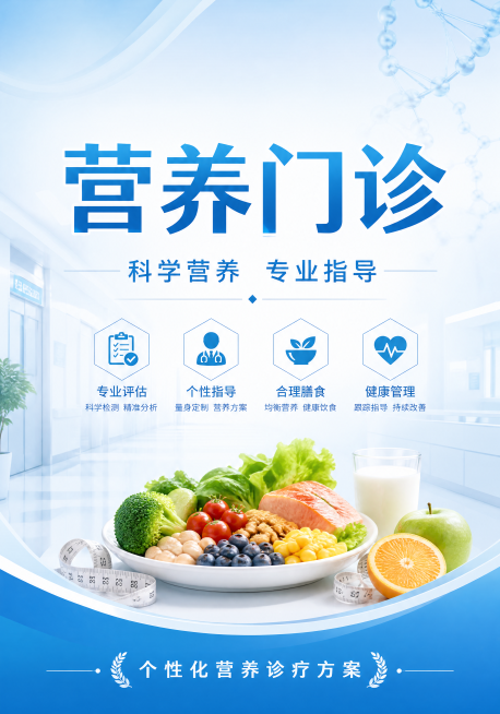 专业简约医疗风，营养科门诊宣传册封面，浅蓝+白色配色，画面中央大字体显示主标题"营养门诊"，主标题下方显示副标题"科学营养 专业指导"，底部显示装饰文字"个性化营养诊疗方案"，版式精美，专业医疗宣传，预览效果