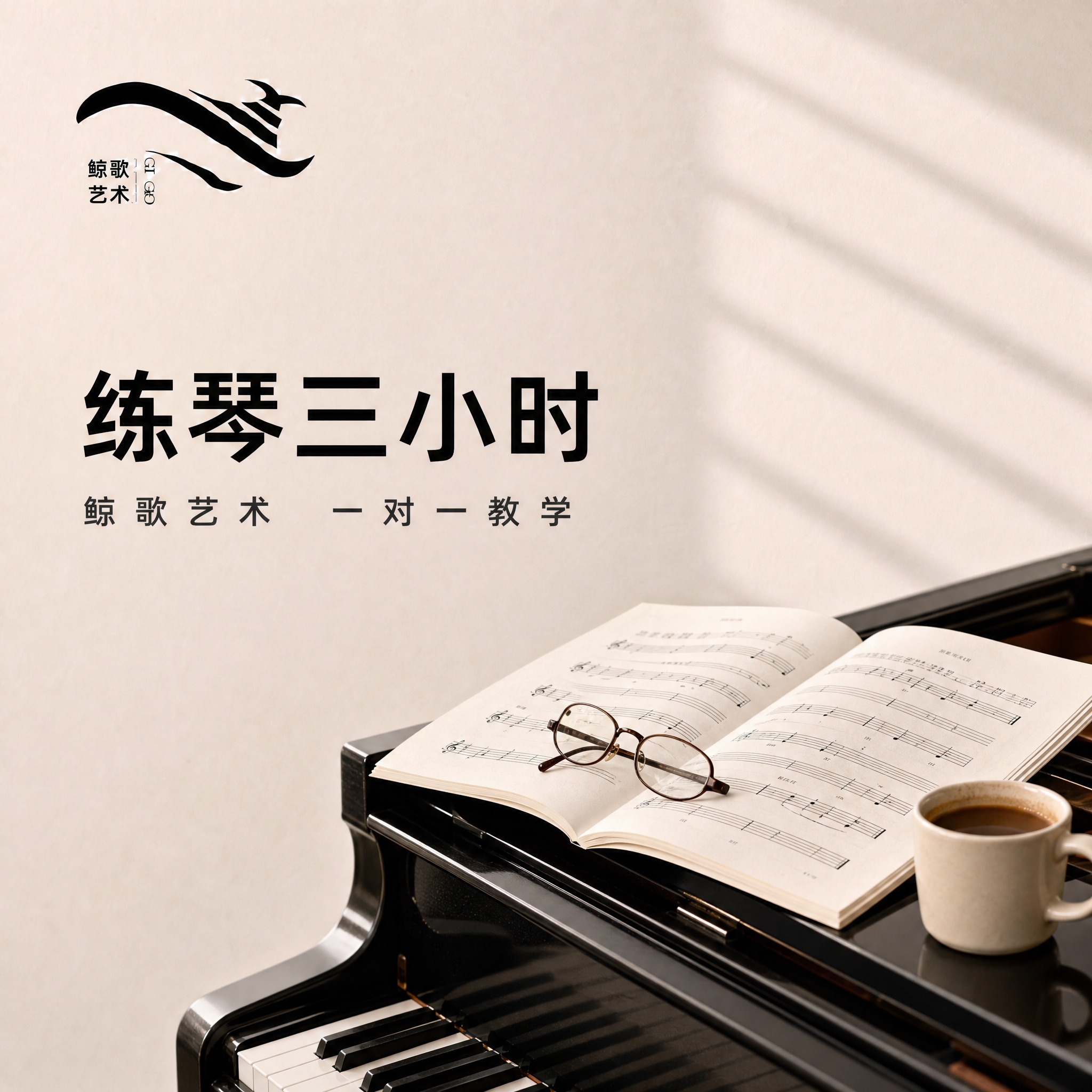 练琴主题海报，浅米色墙面背景，柔和百叶窗光影斜射，左上角保留鲸… - 图片创意预览