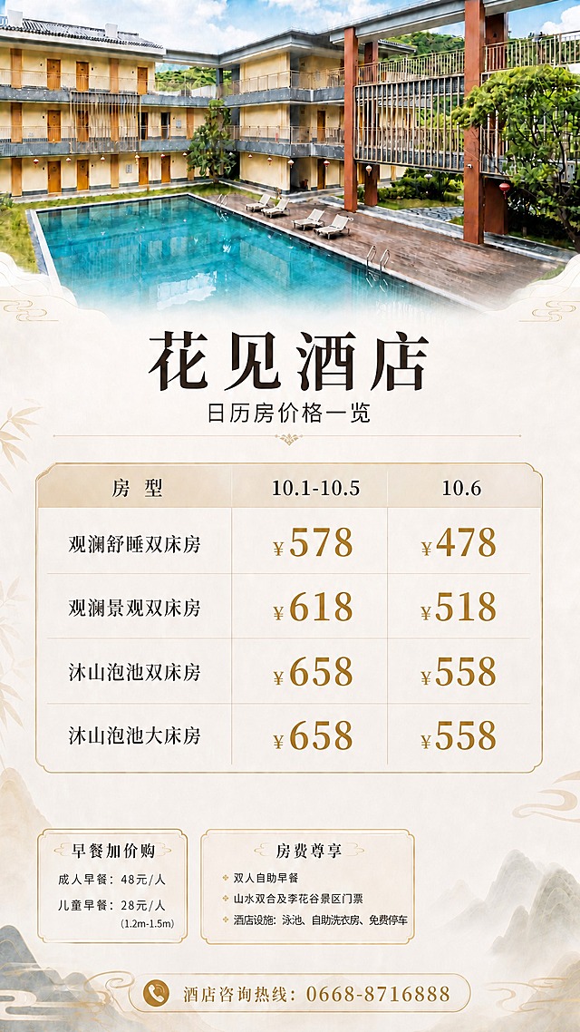 修改这张花见酒店价格海报中的以下价格数字，其余所有内容（标题、房型名称、表格样式、早餐信息、房费权益、咨询热线、背景图、装饰元素等）全部保持原样不变：1. 观澜舒睡双床房10.6列的价格"¥498"改为"¥478"；2. 观澜景观双床房10.6列的价格"¥538"改为"¥518"；3. 沐山泡池双床房10.6列的价格"¥578"改为"¥558"；4. 沐山泡池大床房10.6列的价格"¥578"改为"¥558"。所有价格保持金色字体、字号和右对齐样式不变。所有数字必须精确渲染，不得错位、遗漏或编造。整体新中式轻奢风格保持一致。