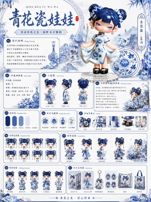 借鉴图二的展板格式，重新设计青花瓷娃娃设计展板，保持整体青花瓷蓝白中国风风格，按照图二的排版结构：顶部大标题，左侧依次排列设计说明、IP基础档案、三视图、色卡等板块，右侧展示主形象和世界观背景，下方包预览效果