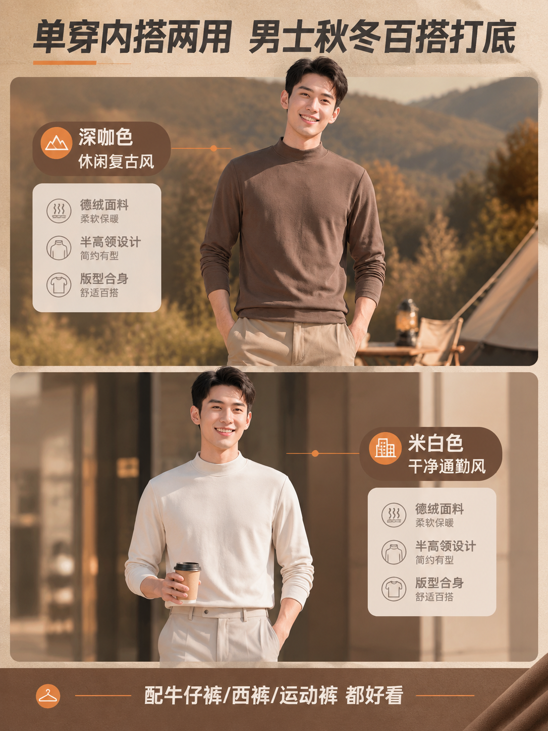 [商品] 使用【图4】深咖色、【图2】米色膨体德绒半高领上衣男… - 图片创意预览