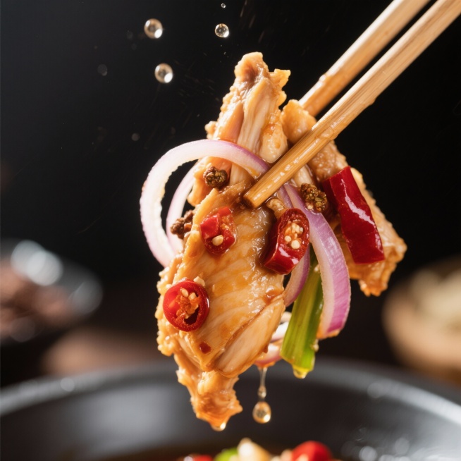 视角： 微距摄影，极度特写。

动作： 用叉子挑起一束裹满酱汁的鸡肉，画面动态。

细节： 展示鸡肉纤维、半透明的洋葱丝、辣椒片、悬挂的油滴和可见的花椒。

质感： 超详细的纹理。

光影： 戏剧性的预览效果