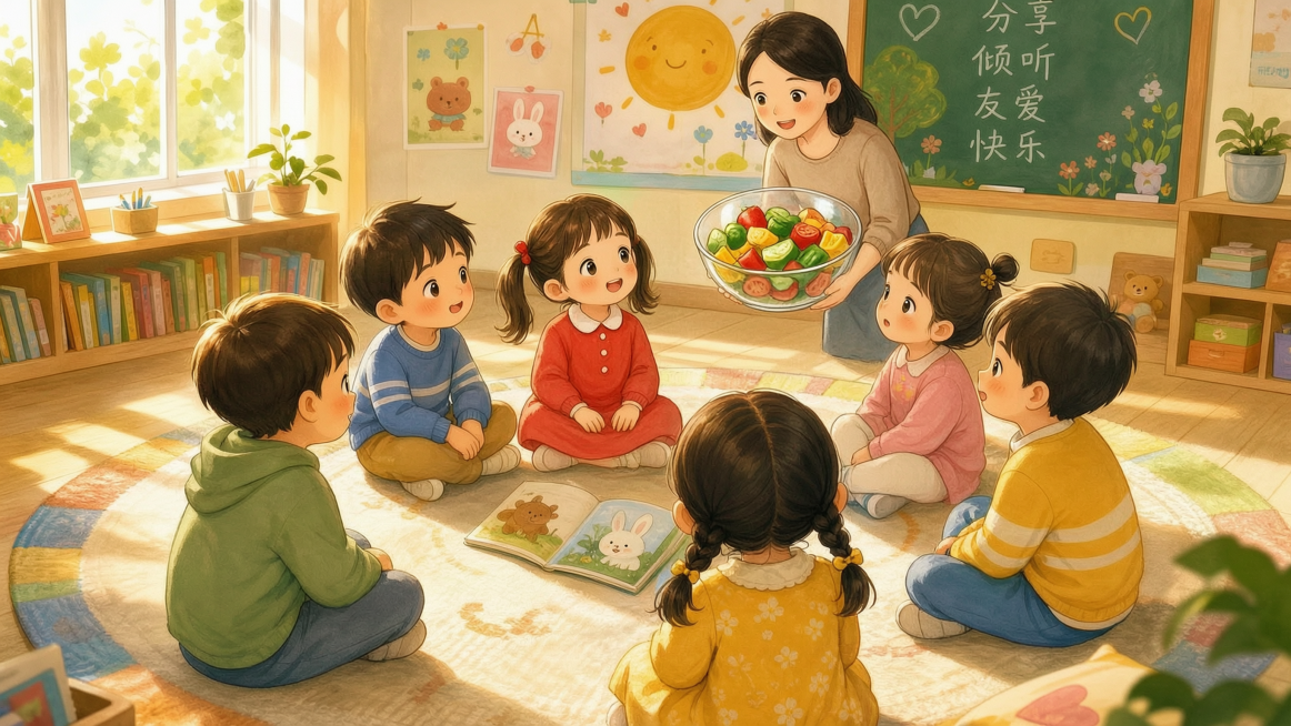 温柔老师端大玻璃碗走进教室，六孩子转身看，碗里蔬菜块闪亮，儿童绘本，暖色调预览效果