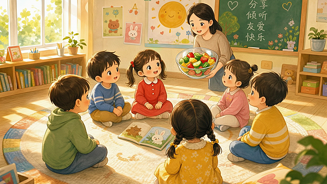 温柔老师端大玻璃碗走进教室，六孩子转身看，碗里蔬菜块闪亮，儿童绘本，暖色调