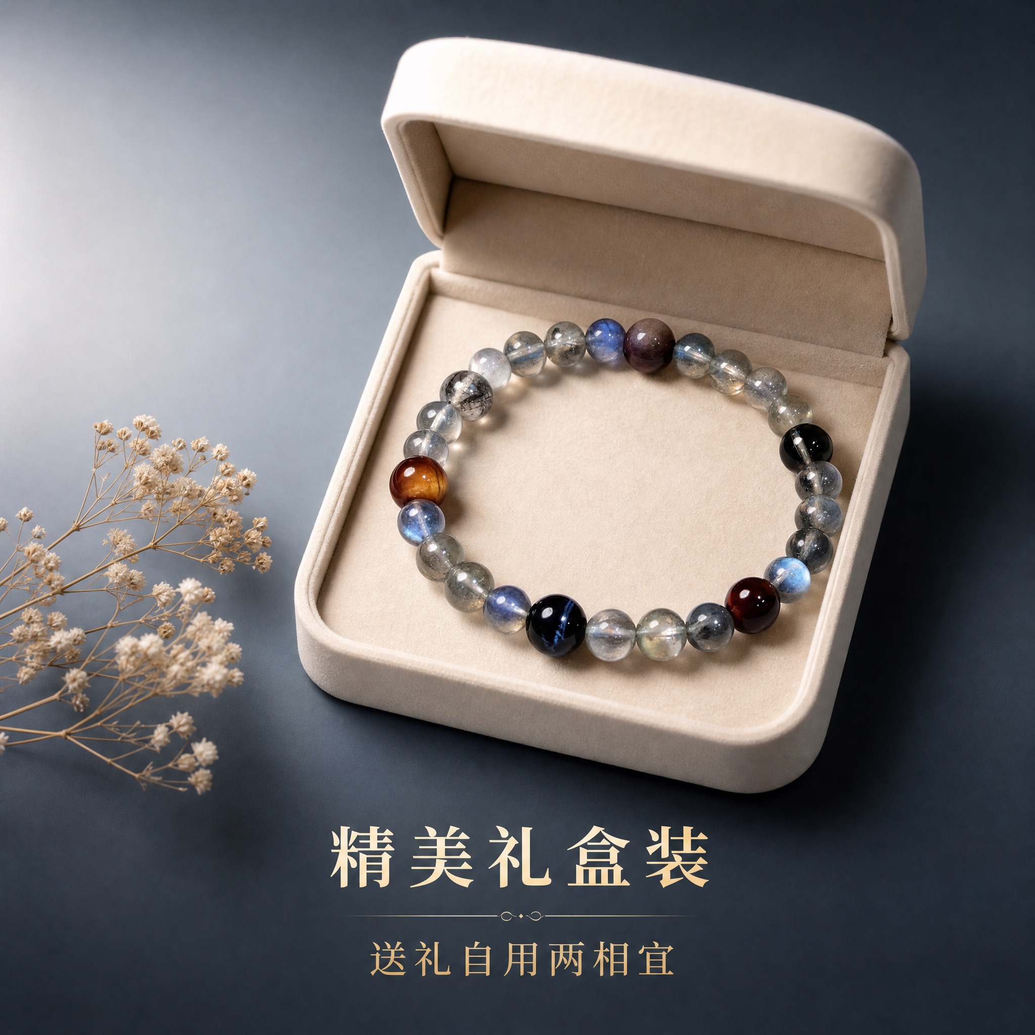 [主图-5] 礼赠场景展示，多宝水晶手链礼盒陈列，纯色渐变背景… - 图片创意预览
