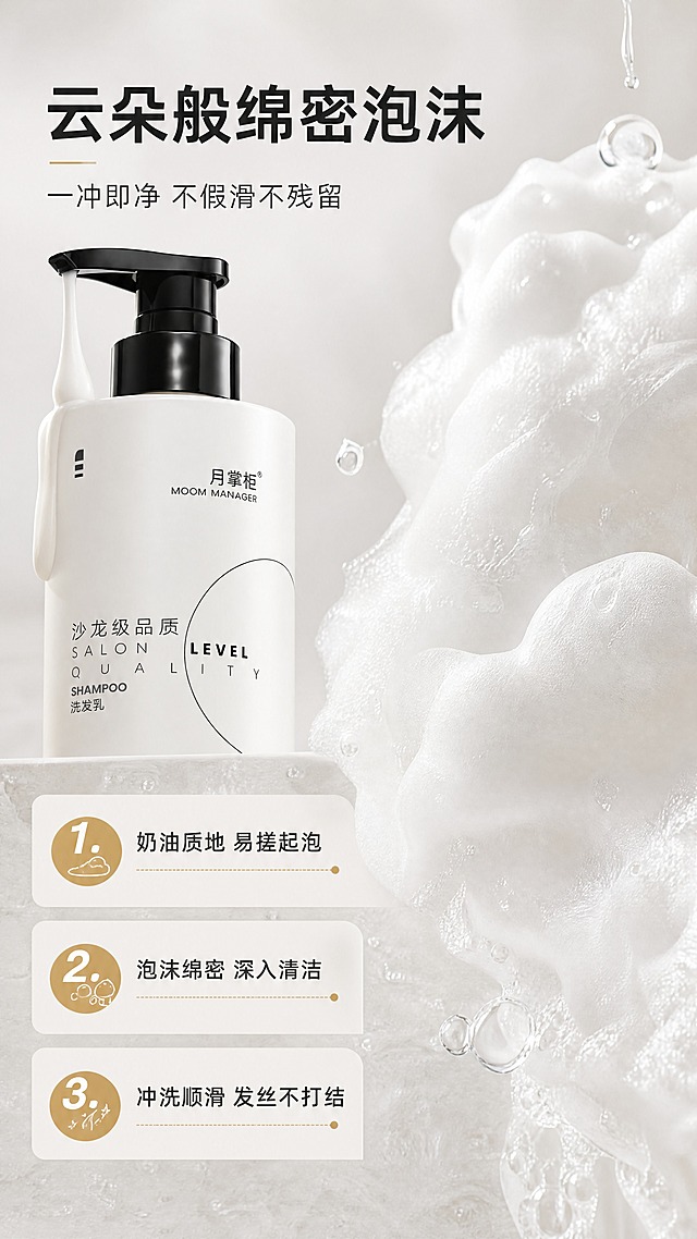 [商品] 使用【图1】月掌柜香氛清爽洗发乳；保留白色圆柱瓶身、黑色按压泵头、所有瓶身Logo与文字内容，不改变瓶型、颜色和材质。
[画面] 目标：质地泡沫体验页，突出绵密泡沫与顺滑冲洗感。右侧为泡沫微距满铺（占画面约50%），洁白绵密的奶油状泡沫堆叠，有细腻光泽和空气感，局部可见透明水珠滴落；左侧上方为产品瓶身局部（按压泵头特写，占画面约20%），泵头正在挤出乳状洗发乳；左侧下方为编号卖点文字区；背景为浅灰渐变+哑光石材台面，整体干净通透，阅读动线从右到左、从上到下。
[视觉] 套系策略：风格=高级沙龙感极简商业摄影；标题字=现代无衬线粗体中文；正文字=简洁无衬线体；主色=米白+炭黑；背景延展=基于米白/浅灰做深浅层级、同色渐变和细腻雾面/石材质感；强调色=暖香槟金，仅用于小面积图标、引线、标签或局部光效；标题色=深炭黑；正文色=中暖灰；组件=圆角浅底信息卡、细线引线、胶囊形标签；光影=左前侧柔暖主光，泡沫有通透高光和柔和阴影。
[文字] 左侧顶部主标题"云朵般绵密泡沫"，副标题"一冲即净 不假滑不残留"；下方3条编号卖点：1. 奶油质地 易搓起泡；2. 泡沫绵密 深入清洁；3. 冲洗顺滑 发丝不打结；全部文字横排，字号保证手机端清晰可读，不遮挡泡沫主视觉和产品泵头。
[规格] 图片比例9:16竖版，4K，避免变形、错字、文字过小、冷蓝/蓝灰背景、瓶身文字错乱、绝对化极限词。