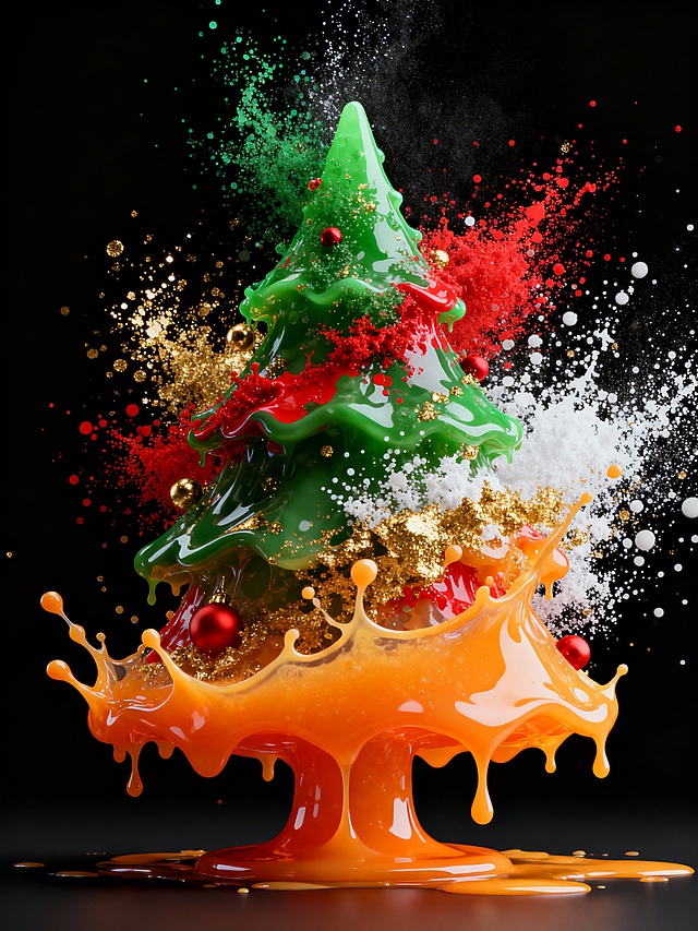 液态圣诞树，3D重拟物风格，融合粒子飞溅与梦幻色彩，喜庆酷炫，虚拟自然元素交织，节日氛围爆棚。