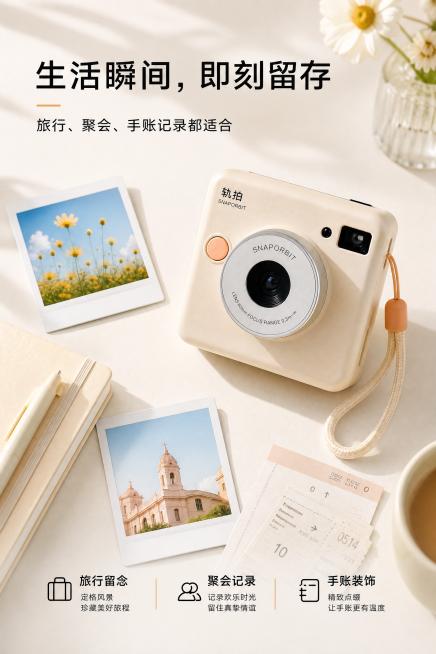 「图片1」生成一张轨拍 SNAPORBIT 轻拍立得相机生活使用场景详情图，比例2:3竖版，主题为“生活瞬间，即刻留存”。画面为奶油色桌面生活方式场景，相机放在画面中心偏右，采用自然斜放角度，旁边有白预览效果