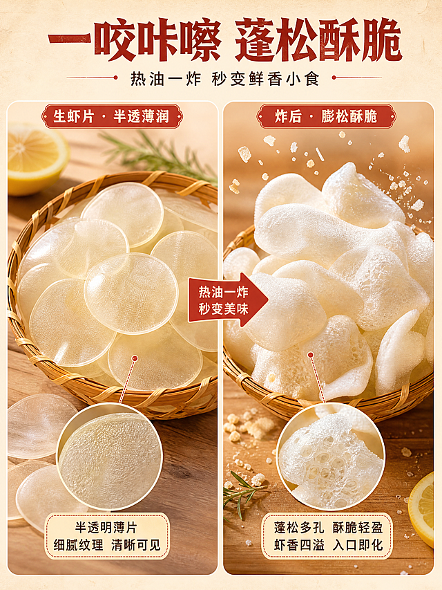 [商品] 使用【图3】原味生虾片与炸后成品、【图4】彩色生虾片与炸后成品；保留虾片的真实颜色、形状、通透质感和竹篮容器；生虾片半透明、炸后蓬松多孔的质地特征要清晰呈现。
[画面] 页面目标：口感质地特写，生虾片vs炸后成品对比，突出蓬松酥脆与虾香浓郁。构图：左右对比分栏，左栏「生虾片」、右栏「炸好的虾片」，各占画面45%，中间用箭头或分隔线做对比引导；左栏展示半透明的生虾片微距特写，能看到虾片的细腻纹理；右栏展示炸后蓬松膨大的虾片，带轻微碎屑飞溅动态，表现酥脆感；顶部标题区占15%；背景为浅米白+暖木桌面，干净突出食物质感。
[视觉] 套系策略：风格=怀旧温馨食欲风商业摄影；标题字=粗黑体带轻微复古衬线感；正文字=简洁黑体；主色=暖橙红+虾粉；背景延展=暖木色+浅米黄渐变，带旧时光颗粒质感；强调色=朱红，仅用于小面积标签、引线和价格标；标题色=深朱红；正文色=深棕灰；组件=圆角米白底信息卡、细红引线、复古印章式标签；光影=左前侧暖柔光，带轻微逆光轮廓，整体暖调。
[文字] 顶部主标题「一咬咔嚓 蓬松酥脆」，副标题「热油一炸 秒变鲜香小食」；左栏标注「生虾片 · 半透薄润」，右栏标注「炸后 · 膨松酥脆」；右栏下方短句「虾香浓郁 入口即化」；文字不遮挡虾片主体，保证微距细节清晰。
[规格] 图片比例3:4竖版，4K分辨率，负向提示：避免变形、错字、文字过小、冷蓝背景、虾片颜色失真、极限词。