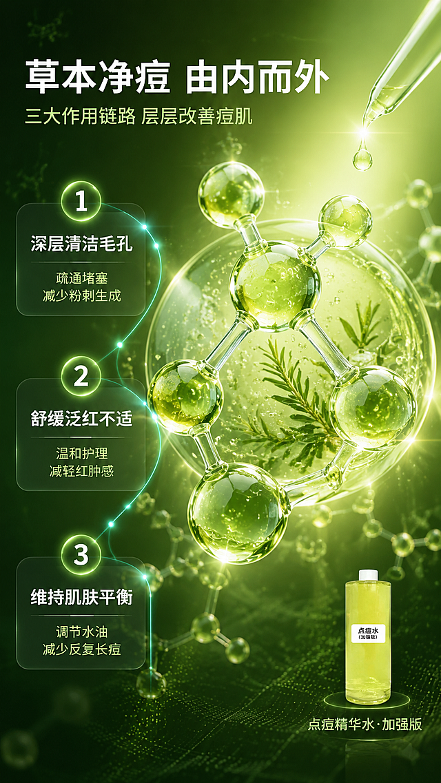 [商品] 本页为成分机理专页，以成分为主视觉，产品小尺寸置于右下角作为品牌载体；使用【图1】点痘精华水，保留瓶身、液体颜色、标签文字，缩小至画面约15%占比。
[画面] 目标：成分功效页，说明净痘作用机理。构图：画面中央为放大的草本精华分子结构+植物萃取液滴，核心成分元素占画面约60%，呈3D悬浮质感；左侧纵向排列3个编号功效链路节点，从"深层清洁"→"舒缓修护"→"净透平衡"三段式展示；背景为深绿到浅绿的科技感渐变，带细微分子点阵纹理。前景大分子，中景成分链路，远景科技点阵底，3层以上视觉层次。
[视觉] 套系策略：风格=清透光感护肤商业摄影风；标题字=现代简约无衬线粗体；正文字=纤细无衬线体；主色=清新柠黄绿；背景延展=基于柠黄绿做深绿科技渐变、分子点阵、玻璃器皿质感；强调色=荧光青，仅用于分子高光和链路连接线；标题色=纯白（深底上）；正文色=浅薄荷绿；组件=半透明玻璃质感信息卡、发光连接线、圆形编号标；光影=中心发光+四周暗角，成分元素有通透折射感。
[文字] 顶部主标题"草本净痘 由内而外"，副标题"三大作用链路 层层改善痘肌"；左侧3个编号节点：①"深层清洁毛孔""疏通堵塞 减少粉刺生成" ②"舒缓泛红不适""温和护理 减轻红肿感" ③"维持肌肤平衡""调节水油 减少反复长痘"；右下角产品旁标注"点痘精华水·加强版"；成分分子和数字元素放大为主视觉，非小icon点缀。
[规格] 图片比例9:16竖版，4K，负向提示：避免黑金奢华风、极简白底、成分元素过小、医疗功效承诺、绝对化用语、文字竖排、产品变形。