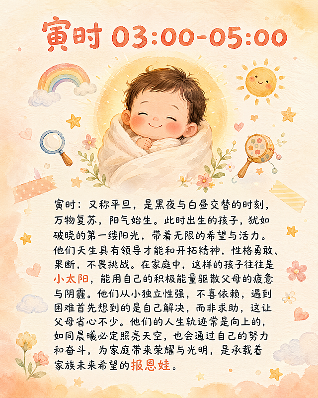 小红书笔记大字封面，插图大字，治愈绘本插画风，版式精美，小红书笔记封面质感，适合信息流点击。顶部标题逐字锁定：「寅时 03:00-05:00」。正文大段文字逐字锁定：「寅时：又称平旦，是黑夜与白昼交替的时刻，万物复苏，阳气始生。此时出生的孩子，犹如破晓的第一缕阳光，带着无限的希望与活力。他们天生具有领导才能和开拓精神，性格勇敢、果断，不畏挑战。在家庭中，这样的孩子往往是小太阳，能用自己的积极能量驱散父母的疲惫与阴霾。他们从小独立性强，不喜依赖，遇到困难首先想到的是自己解决，而非求助，这让父母省心不少。他们的人生轨迹常是向上的，如同晨曦必定照亮天空，也会通过自己的努力和奋斗，为家庭带来荣耀与光明，是承载着家族未来希望的报恩娃。」。标题字号占画面约15%视觉权重，清晰可读，不得增删改字。

背景：温暖奶油色#F5F0E8纸张纹理，有手绘水彩晕染晨曦暖光感，淡橘色#FFD5B5到奶白色#FFF8E7渐变，象征破晓第一缕阳光。

顶部标题：「寅时 03:00-05:00」为珊瑚红#E8655A圆润手写体，居中排列。

画面主体婴儿插画（居中偏上）：圆润Q版短发男孩，闭眼甜笑，脸颊粉红，裹着奶白色小毯子；婴儿周围有手绘小图标环绕：彩虹、小太阳、放大镜、拨浪鼓、小星星、小花，代表万物复苏阳气始生的破晓意象；婴儿头上一圈手绘浅金色#FFE5B4光晕，象征破晓第一缕阳光。

正文区（居中偏下，深炭黑#2D3748圆润手写体）：大段文字分多段排列，行距舒适，其中「小太阳」「报恩娃」等关键词可加珊瑚红色或浅金色高亮强调。

装饰：手绘小星星、小爱心、小花朵、小云朵、纸胶带、小光晕，散落在画面空白处，温柔克制不抢主体。

整体氛围：温柔晨曦中微笑的宝宝，破晓第一缕阳光般的希望感，温暖治愈绘本质感。画质：高清细腻，手绘水彩质感，信息层级清晰，文字完整处于安全区内不可裁切，四周留安全边距。画面比例4:5，4K。