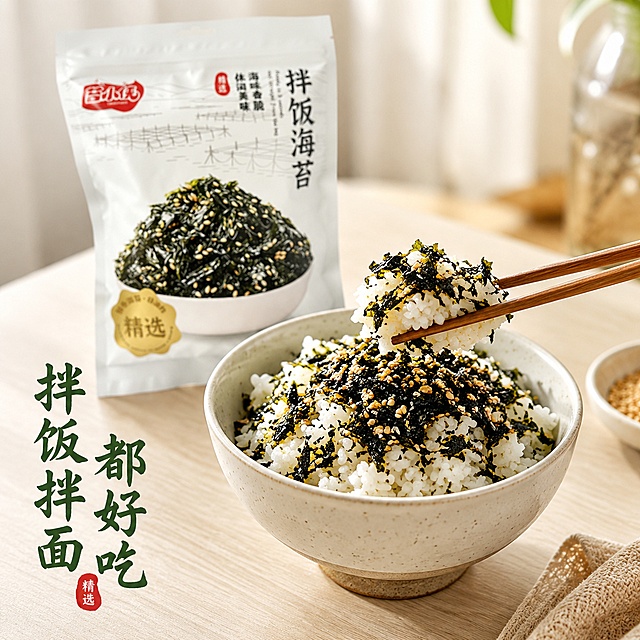[主图-4] 拌饭海苔食用场景展示，增强代入感
[氛围风格] 温馨居家，真实生活食欲感
[画质] 真实生活场景商业摄影，光线柔和自然
[元素] 白色餐桌上摆放一碗白米饭，撒上拌饭海苔，旁边放着原产品包装袋，保持包装袋外观与输入产品图一致。筷子夹起裹着海苔的米饭，海苔丝清晰可见，勾起食欲。产品包装袋放置在画面左后方，不遮挡前景美食。整体主体占比约70%
[光影] 柔和窗边自然光，暖调光线，营造温馨用餐氛围，米饭和海苔光泽自然
[配色] 米白米饭，深绿海苔，浅木色餐桌，干净温馨暖调配色
[视角构图]  slightly 俯视日常视角，前景美食焦点清晰，背景虚化，突出拌饭效果
[文字版式] 左下负空间竖排大字“拌饭拌面 都好吃”深绿色书法字体，文字不遮挡主体美食
[输出要求] 1:1比例，文字清晰可辨，超高清商业摄影质感
[负向提示词] 变形，文字错乱，产品模糊，背景杂乱，水印，电商平台Logo