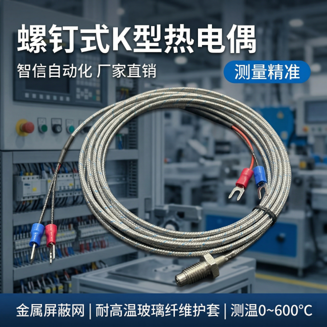 [主图主题]螺钉式K型热电偶首图
[氛围/风格]工业科技风，冷硬金属质感，自动化仪表专业感
[画面元素]螺钉式K型热电偶居中放置，主体占比60%，背景为工业自动化设备车间场景，模糊处理突出产品，冷白硬预览效果