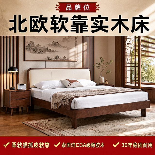 [单张主图] 商品名称北欧软靠实木床，爆款促销感主图，同时承载点击、理解、信任、转化四个任务。
[画面主体] 保持北欧软靠实木床的外观、物理结构、材质质感、颜色、角度和款式与输入产品图绝对一致，杜绝任何变形和色差，精细化处理。床在画面中完整展示，占比约65%。
[构图版式] 采用顶部大标题型版式，标准三段结构：顶部放品牌位和超大主标题，中部放产品主体，底部通栏信息条承接卖点，信息层级清晰。
[场景元素] 背景更换为国潮新中式装修风格卧室，搭配新中式装饰，如山水挂画、木质屏风、禅意绿植摆件、中式地毯，软装搭配丰富自然，营造温馨中式居家氛围，主体突出不杂乱。
[文案版式] 顶部主标题写"北欧软靠实木床"，超大粗体字。底部红底金字通栏区域，展示三个卖点："✓ 柔软猫抓皮软靠 ✓ 泰国进口3A级橡胶木 ✓ 30年稳固耐用"，字体清晰直白，红色背景搭配金色文字，对比强烈，符合拼多多平台大字直白的风格。所有文字不遮挡床体。
[光影质感] 温馨暖调自然光，午后柔和光斑，商业摄影质感，光线柔和通透，产品清晰真实，画面干净高级，实木纹理和软靠皮纹质感真实突出，景深适中，背景自然虚化。
[配色字体] 主色调为国潮朱砂红、原木棕、米白，强调色为金色，字体采用粗黑无衬线字体，主标题最大，卖点文字清晰，对比强烈。
[比例分辨率] 1:1 比例，分辨率4K，文字清晰可辨，画面超高清。
[负向提示词] 变形，水印，文字错乱，产品图模糊，背景杂乱，改变床角度款式，遮挡主体，错字，伪Logo，低清晰度