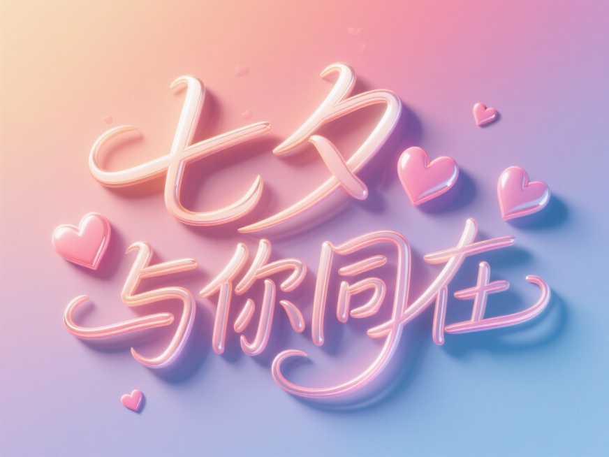 文字"七夕 与你同在"，线条流畅，手写艺术字。点缀爱心元素。渐变背景，浪漫七夕氛围。预览效果