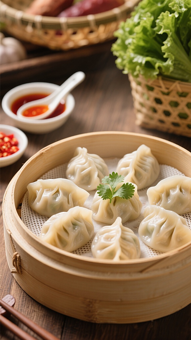 一盘饱满圆润的水饺，蒸得恰到好处，饺子皮呈现出半透明的米白色，隐约可见内里馅料，褶皱清晰美观，顶部点缀着一小片翠绿的香菜叶，置于竹制蒸笼中，蒸笼底部有白色蒸布。背景中，左侧有一小碗红色的辣椒油，里面放着白色勺子，旁边还有一小碟红色的辣椒碎。右上角有一丛新鲜的绿色生菜，后方隐约可见竹编的篮子和一些模糊的食材。整体画面采用暖色调，光线柔和，聚焦于水饺，背景略微虚化，营造出温馨诱人的中式美食氛围，突出水饺的鲜嫩质感和传统家常风味。