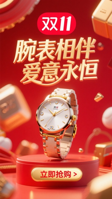 商业摄影风格，比例 16:9。以鲜艳的红色为背景，营造热烈氛围。画面正中央是巨大且优雅的主标题 “腕表相伴 爱意永恒”，采用金色立体艺术字体，笔画粗细变化富有韵律，表面有细腻的光泽质感，像是被柔和灯光预览效果