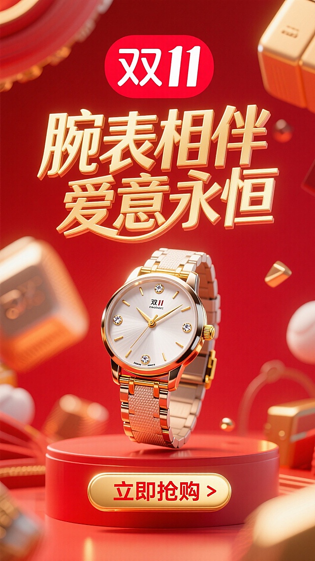 商业摄影风格，比例 16:9。以鲜艳的红色为背景，营造热烈氛围。画面正中央是巨大且优雅的主标题 “腕表相伴 爱意永恒”，采用金色立体艺术字体，笔画粗细变化富有韵律，表面有细腻的光泽质感，像是被柔和灯光照亮，凸显奢华与浪漫。标题上方显著位置为 “双 11” Logo，设计简约现代，以红色与白色为主色调，红色与背景呼应，白色线条勾勒出独特造型，醒目突出。画面核心的手表质感上乘，金属表身散发着冷冽光泽，表盘镶嵌着璀璨宝石，指针精准指向特定时刻，表带纹理清晰，与金色表扣相得益彰。画面底部的 “立即抢购” 按钮为醒目的金色，搭配红色文字，按钮具有强烈的立体效果，仿佛悬浮在背景之上，周围有一圈淡淡的红色光晕，吸引观者注意力，整体画面充满商业促销的活力与魅力。