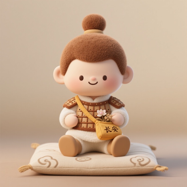 Q版治愈系毛绒玩偶，西安兵马俑文化元素，暖色调大地色系（赭石棕、麦秆黄、米白、浅陶土色），温和文艺佛系性格，热爱生活。半坐盘腿坐姿，圆顶暖棕色毛绒发髻，圆形脸，细长下垂眉眼，微笑嘴角，米白色短绒身体，预览效果