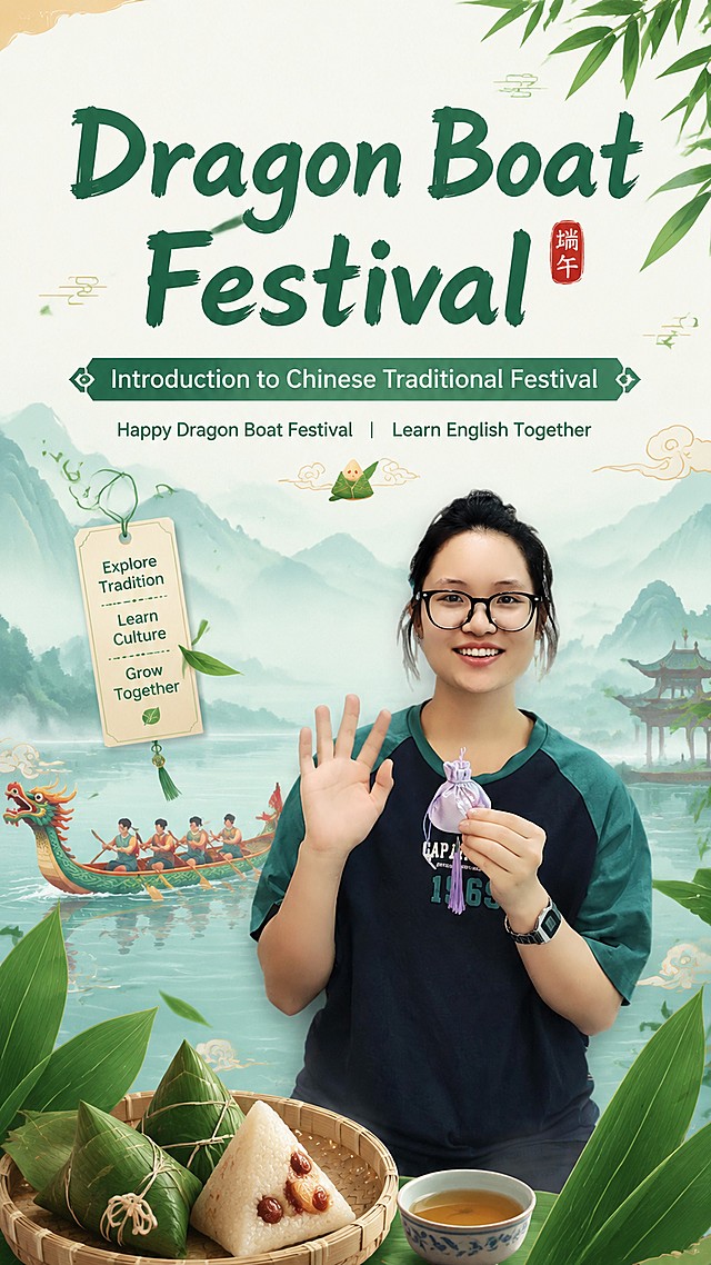 端午节英语介绍教育主题海报，将提供的老师图片保留人物，融合端午节元素。背景为清新端午主题，加入粽叶和龙舟元素。主标题文字"Dragon Boat Festival"，副标题文字"Introduction to Chinese Traditional Festival"，装饰文字"Happy Dragon Boat Festival | Learn English Together"，画面排版精美，文字清晰可读，整体风格清新传统，适配教育场景。将老师图片自然融入海报，保持人物形象完整。