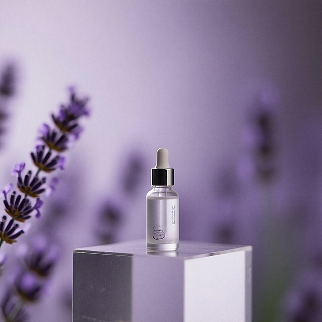 一瓶精华特写，放置在玻璃台子上，背后是一枝动态模糊有残影的薰衣草，淡紫色渐变背景，暗调氛围