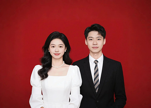 拍摄一张结婚登记照风格的图片，要求画面清晰、正式 。 画面中有一男一女，女性留着黑色波浪长发，妆容精致，穿着白色方领泡泡袖连衣裙，佩戴简约珍珠项链；男性发型整齐，五官端正，穿着黑色西装外套搭配白色衬衫、条纹领带 。背景为红色 。