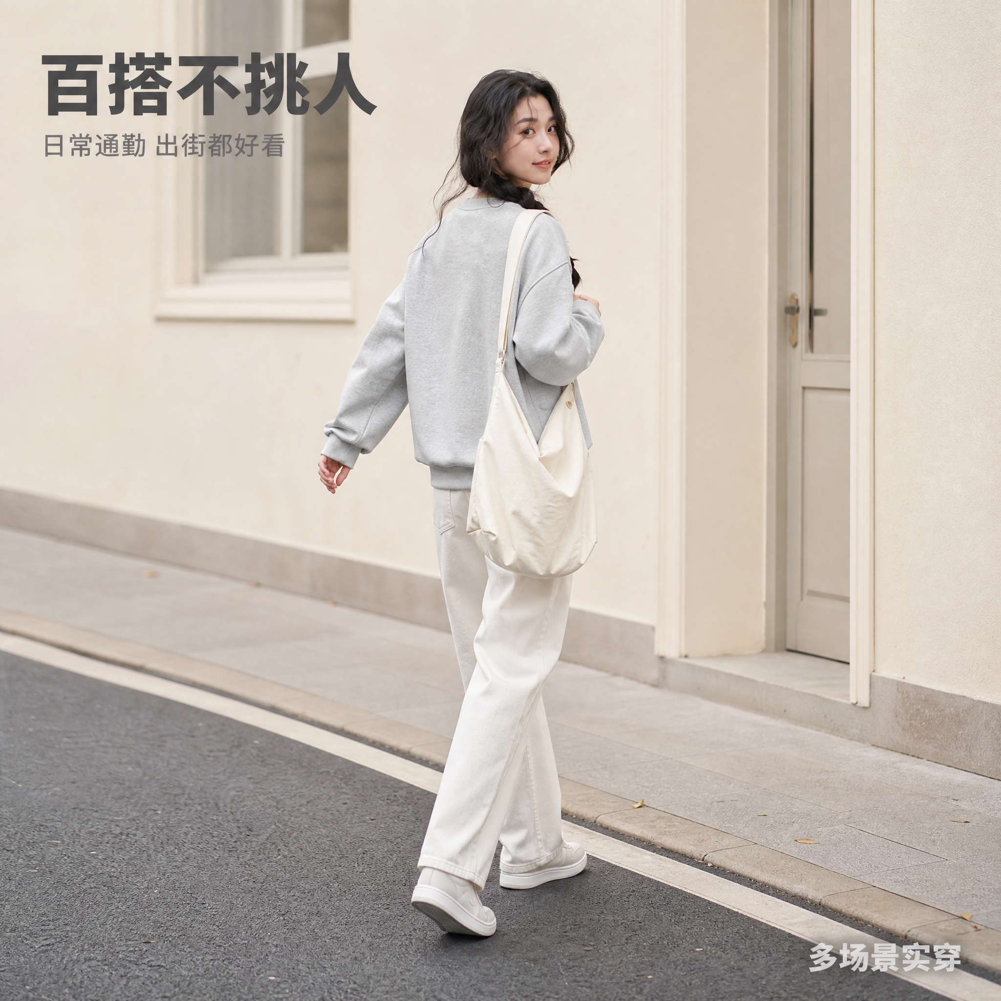 [主图-3] 韩系宽松圆领灰色卫衣女 背面穿搭展示 突出后背版… - 图片创意预览