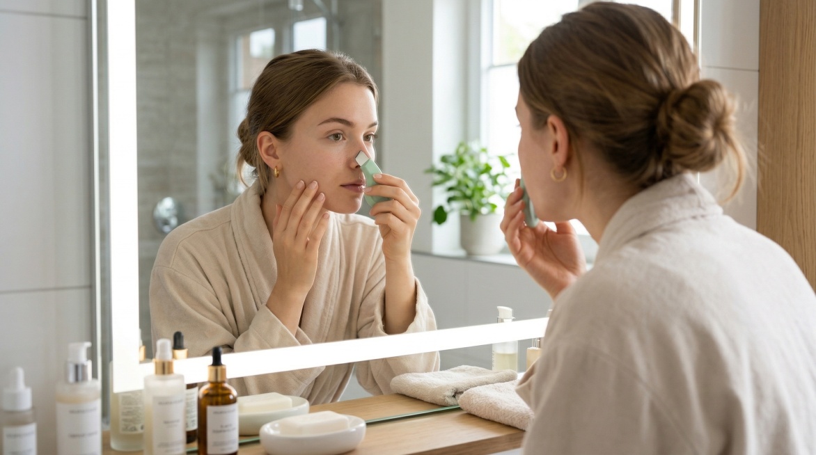 年轻欧美女性居家对着镜子护肤，使用这张图里的浅绿色黑头去除刮刀清洁鼻子黑头，保持工具主体形状颜色特征不变，超清画质，干净明亮的日常场景预览效果