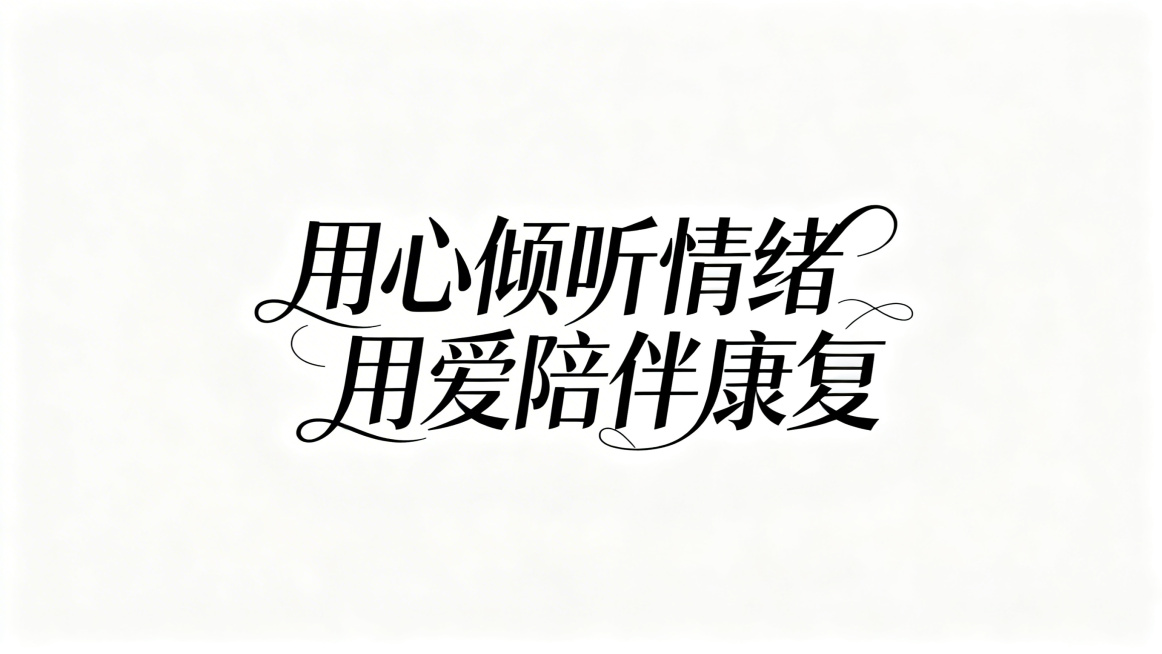 艺术字体设计，内容为“用心倾听情绪，用爱陪伴康复”，字体带有柔和流畅的曲线感，融入纤细精致的线条装饰，整体风格大气简洁，视觉上干净通透，无多余冗余元素，无标点符号，白色背景预览效果