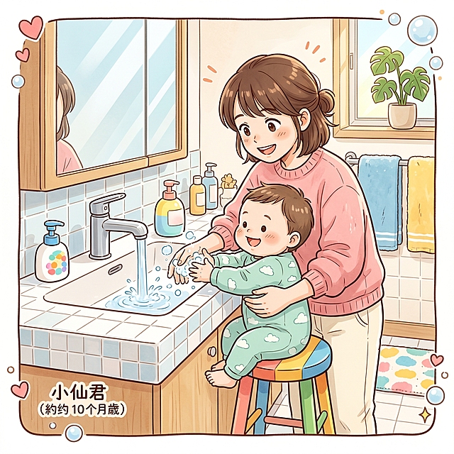 漫画风格，6-10个月大的小孩小仙君在饭前准备，第一个场景：妈妈带小仙君洗手，妈妈和小仙君都穿现代装扮，整体柔和清新可爱，温馨居家环境