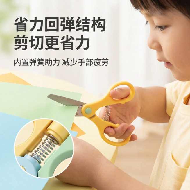 [主图 2 核心卖点展示] 主图主题得力安全剪刀省力回弹结构卖点，氛围风格清新明亮童趣风，真实使用场景感。画面元素一只儿童小手（亚洲面孔）握持黄色剪刀正在裁剪彩色手工纸，特写展示弹簧回弹结构，左下角小预览效果