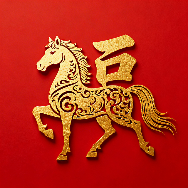 红底金福字，福字与骏马图案完全融合，马身构成字体结构，马首、马尾作为笔画延伸，马元素贯穿整体