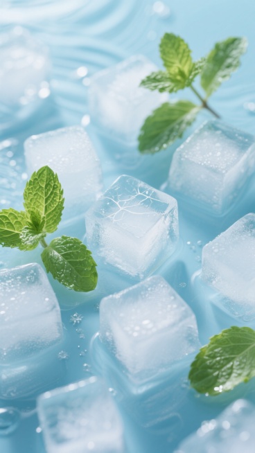 一张以浅蓝色为基调的清新背景图，画面中散落着多块棱角分明、晶莹剔透的冰块，冰块表面有细小的气泡和冰裂纹，折射出柔和的光线。几片鲜嫩的绿色薄荷叶轻盈地漂浮在冰块之间，叶片脉络清晰可见，边缘带有自然的弧度，呈现出勃勃生机。整体画面采用高清晰度的摄影风格，光线明亮柔和，从上方洒下，在冰块和叶片上形成细腻的高光和淡淡的阴影，营造出凉爽、纯净、沁人心脾的夏日氛围。背景中隐约可见细小的冰晶和水纹，增强了画……预览效果