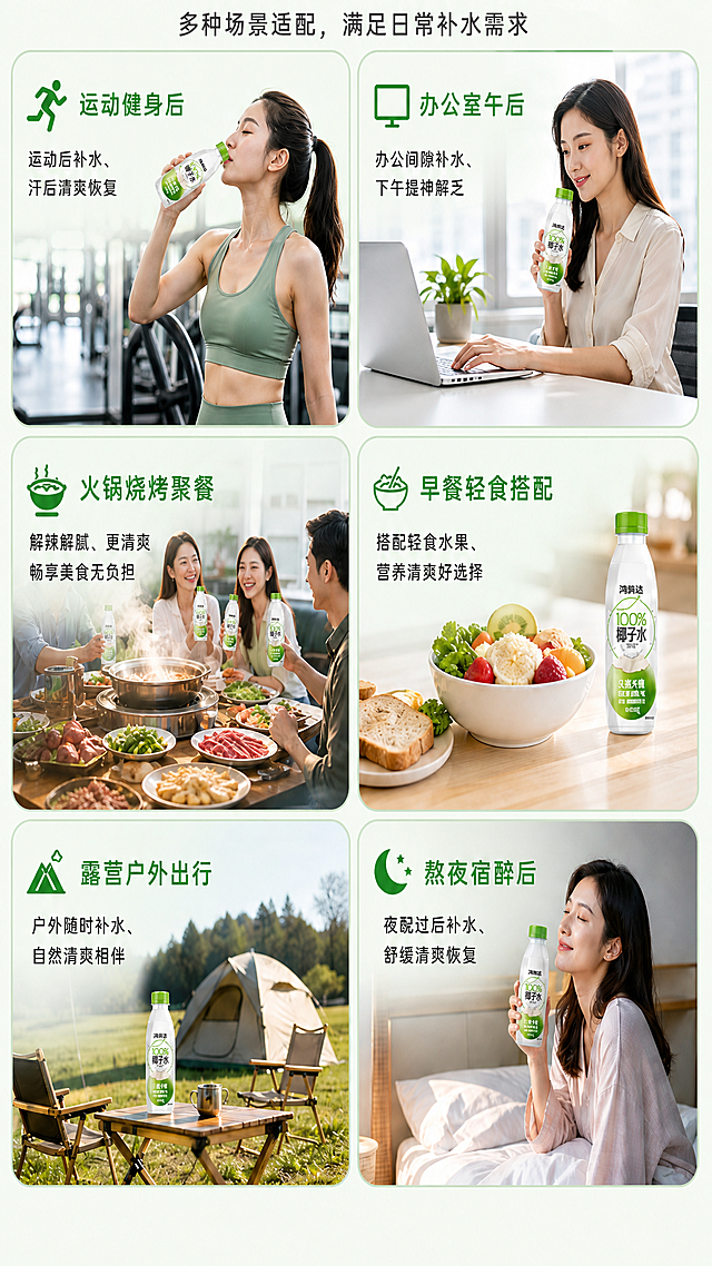 将图片中的六个场景重新排版，上下排列成三排，每排放置两个场景，最终图片尺寸比例为9:1，保留所有场景原有的文字和内容，整体合成一张图片