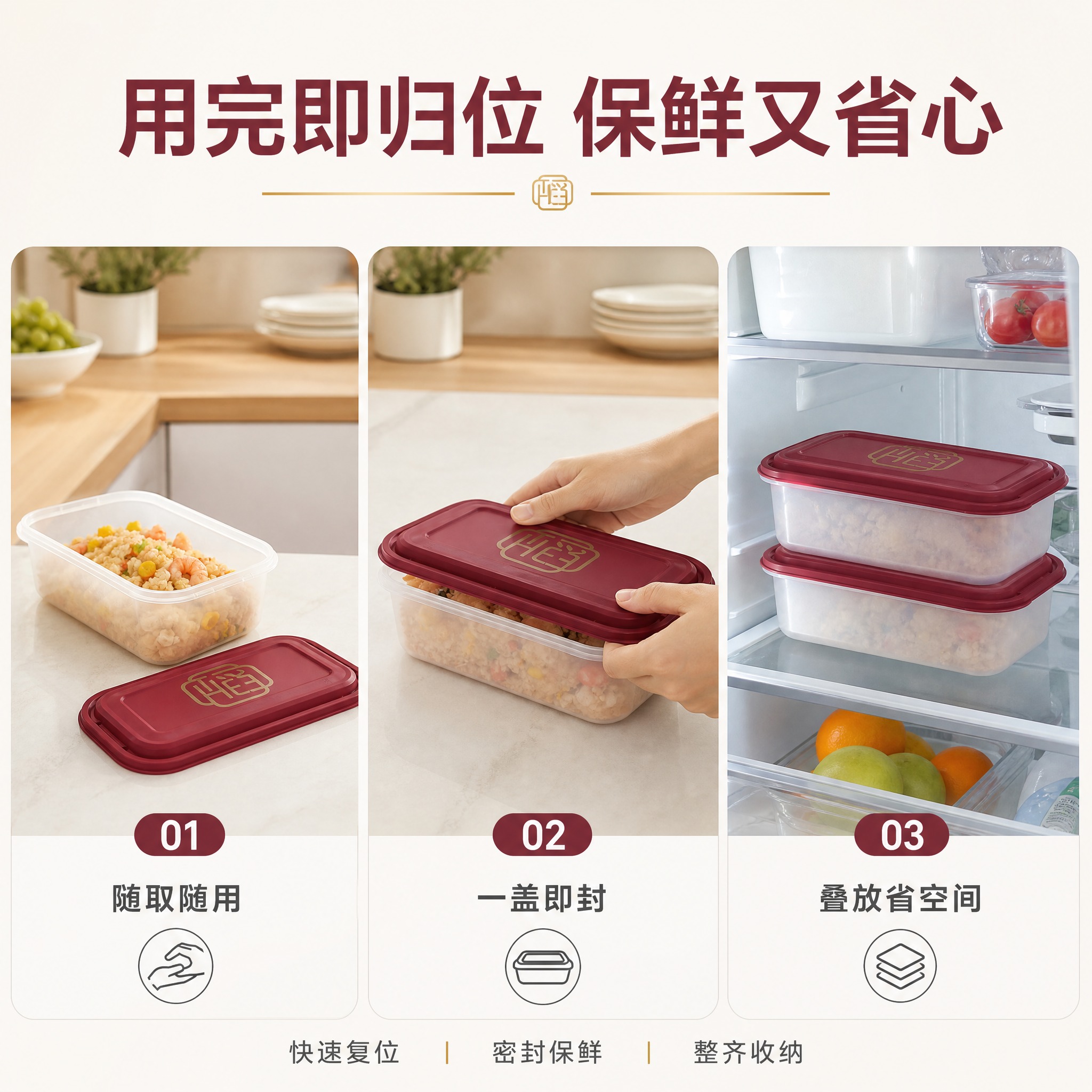 [主图-6] 轻奢红盖半透明保鲜餐盒整理闭环图，主题为使用后快… - 图片创意预览