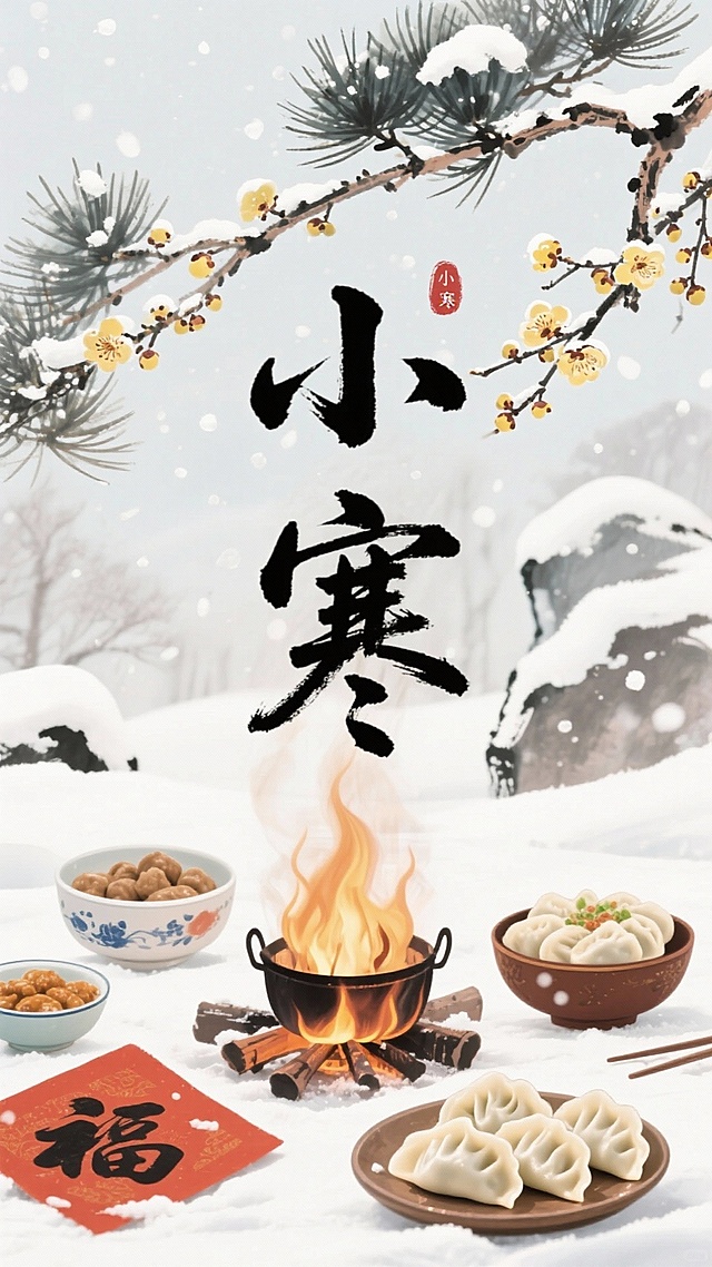 小寒海报，中国传统水墨风格，辅以少面积点缀的积雪的松枝与绽放的腊梅图案，搭配书法字标题“小寒”，围炉小吃、饺子，带有一点年味
