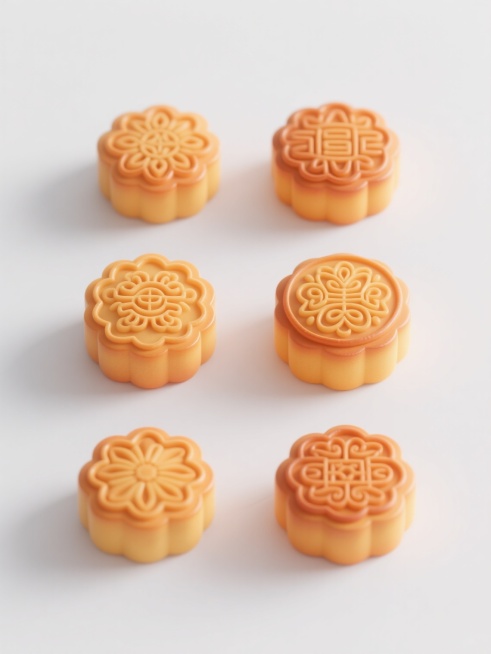 六个不同样式的月饼，保持与原图一致的3D渲染风格，具有光滑细腻的橙黄色渐变表面和柔和高光，每个月饼都有独特的传统花纹图案，排列整齐呈两行三列分布，置于纯白色背景上，无阴影，突出月饼本身的立体感和精致细节，整体画面简洁明快，符合食品展示的清新感。预览效果
