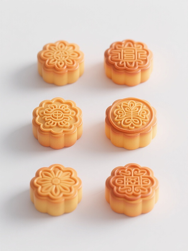 六个不同样式的月饼，保持与原图一致的3D渲染风格，具有光滑细腻的橙黄色渐变表面和柔和高光，每个月饼都有独特的传统花纹图案，排列整齐呈两行三列分布，置于纯白色背景上，无阴影，突出月饼本身的立体感和精致细节，整体画面简洁明快，符合食品展示的清新感。