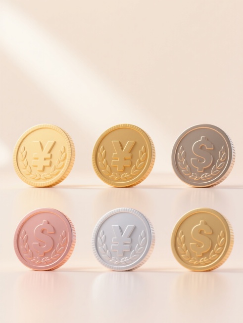 3D渲染风格，6个不同配色、不同样式、不同材质的金币造型，上下两行整齐对齐排列，金币表面有精致的浮雕纹理和光泽感，采用明亮的浅色背景，整体呈现出浓厚的促销氛围，光影效果柔和自然，突出金币的立体感和价值感，画面简洁明快，视觉焦点集中在金币上，具有现代设计感和吸引力。预览效果