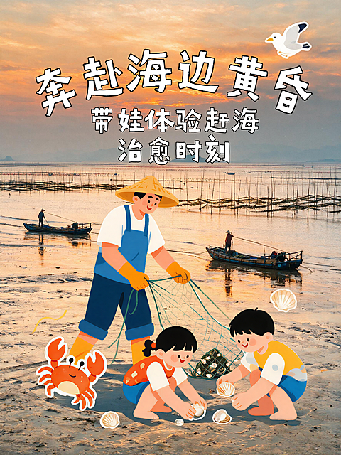 夏日暑假亲子旅行海边黄昏赶海活动种草活动小红书配图