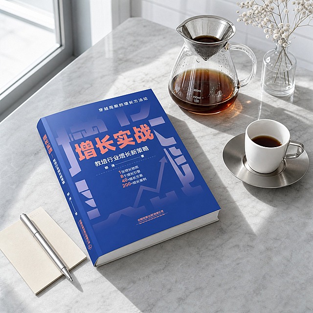超写实静物摄影。
主体：书籍严格参照上传产品图，完整保留所有可见组件、部件、轮廓、结构、比例、材质、颜色与产品本体上的文字信息（封面标题、作者名、出版社名、书脊文字等），与上传图完全一致；自然融入场景光影，与场景共处同一物理空间。书平放在桌面上，封面朝上，书脊朝左，产品占画面约55%，完整不裁切。
构图：对角线构图，书从左下延伸至右上，咖啡壶与杯位于右侧形成呼应；60°俯视视角，略带俯拍感。
风格：现代极简。
场景概念：现代简约精品咖啡馆吧台，清晨冷调自然光下的手冲咖啡时光。
承载与空间：①承载面：浅灰色大理石台面，细腻白色纹理，冷调质感；②背景：白色瓷砖墙面虚化，左侧有大面积落地玻璃窗透进冷调自然光。
陪衬物：①书的右上方，一只透明玻璃手冲咖啡壶，琥珀色咖啡液，玻璃通透有折射；②咖啡壶旁，一只白色陶瓷小咖啡杯，配金属杯碟，杯中盛有少量咖啡；③书的左下方，一张米白色牛皮纸便签，上面放着一支银色金属笔；④桌面右上角，一小枝白色满天星干花，插在细口透明玻璃瓶中。
配色：主色调60%冷白+浅灰 / 辅色25%大理石纹白+深蓝书封 / 点缀色15%琥珀咖+银色；画面实际颜色6种：冷白 / 浅灰 / 深蓝 / 琥珀咖 / 银灰 / 米白。
材质：画面实际材质6种：大理石 / 玻璃 / 纸质 / 陶瓷 / 金属 / 干花植物。
光影：主光从左侧落地窗射入，冷调自然光，侧前45°，照亮书封和玻璃壶；辅光为右侧环境反射补光；玻璃壶有通透折射光，大理石台面有柔和反光；整体明亮干净，阴影清晰利落。
参数：2K，写实光追。严格锁定宽高比为1:1。