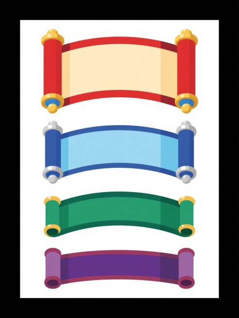 四个不同造型的中国传统卷轴横幅元素集合，每个卷轴保持相同的基本结构：弧形展开的米黄色卷轴面、红色卷轴边缘、金色与蓝色装饰环、红色卷轴杆及金色顶端，整体为扁平化矢量插画风格，线条平滑，色彩明快，无渐变和复杂光影。第一个卷轴为红色系：红色卷轴杆配金色装饰环，米黄色卷轴面，边缘为深红色；第二个卷轴为蓝色系：深蓝色卷轴杆配银色装饰环，浅蓝色卷轴面，边缘为藏蓝色；第三个卷轴为绿色系：深绿色卷轴杆配金色装……预览效果