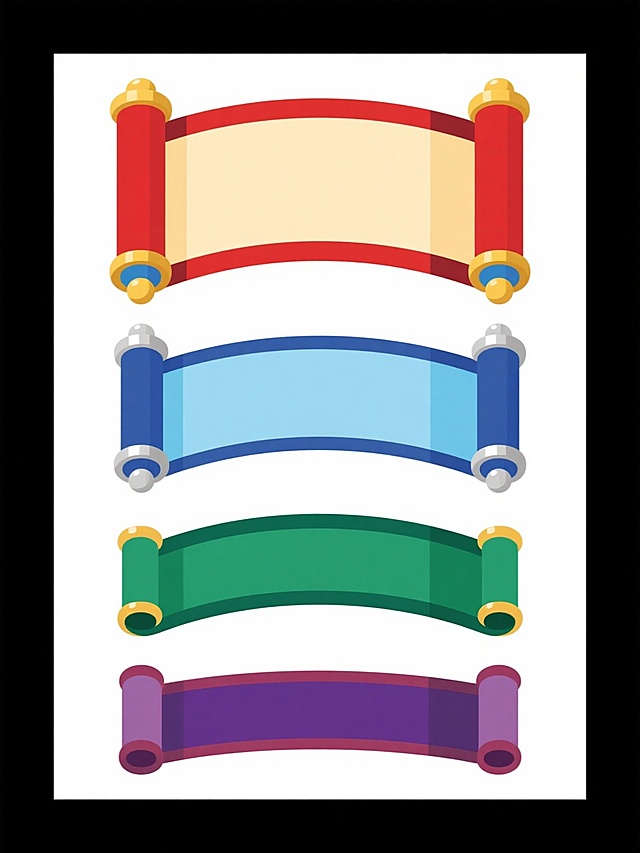 四个不同造型的中国传统卷轴横幅元素集合，每个卷轴保持相同的基本结构：弧形展开的米黄色卷轴面、红色卷轴边缘、金色与蓝色装饰环、红色卷轴杆及金色顶端，整体为扁平化矢量插画风格，线条平滑，色彩明快，无渐变和复杂光影。第一个卷轴为红色系：红色卷轴杆配金色装饰环，米黄色卷轴面，边缘为深红色；第二个卷轴为蓝色系：深蓝色卷轴杆配银色装饰环，浅蓝色卷轴面，边缘为藏蓝色；第三个卷轴为绿色系：深绿色卷轴杆配金色装饰环，浅绿色卷轴面，边缘为墨绿色；第四个卷轴为紫色系：深紫色卷轴杆配银色装饰环，淡紫色卷轴面，边缘为紫红色。四个卷轴规整排布在纯色白色背景上，呈两行两列对称布局，每个卷轴间距均匀，整体构图平衡。