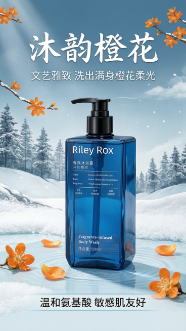 [第1屏] 本屏功能定义：RILEY ROX 沐韵橙花香氛沐浴露产品宣传头图主视觉。
[氛围/风格] 东方水墨雅致风格，蓝白冷调自然氛围感，结合橙花元素点缀，商业摄影高级质感，清新干净。
[元素布局]预览效果