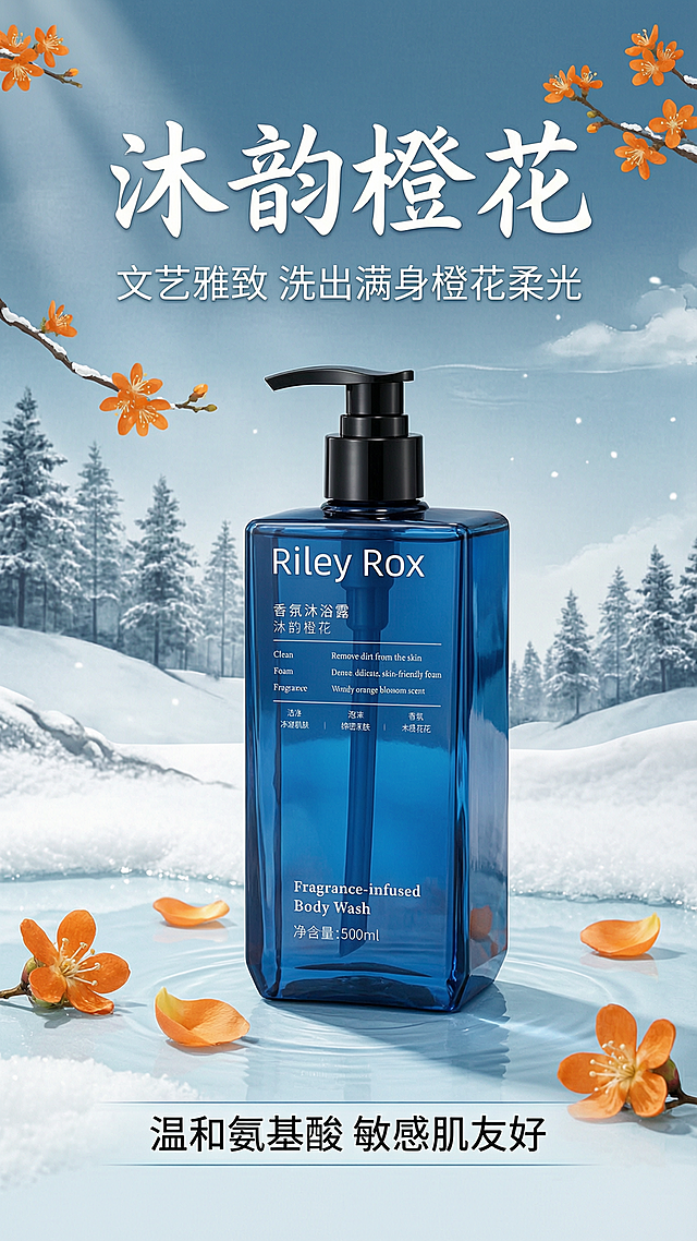 [第1屏] 本屏功能定义：RILEY ROX 沐韵橙花香氛沐浴露产品宣传头图主视觉。
[氛围/风格] 东方水墨雅致风格，蓝白冷调自然氛围感，结合橙花元素点缀，商业摄影高级质感，清新干净。
[元素布局] 深蓝色瓶身的RILEY ROX沐韵橙花香氛沐浴露放在画面中下偏右区域，占据画面60%-65%主体，保持瓶身深蓝色透明质感、黑色泵头、瓶身文字排版结构、颜色比例与输入产品图一致。背景使用渐变蓝白色水墨风格，上方点缀橙花枝条和雪景森林远景，前景放置掉落的橙花花瓣和浅溪水光，整体层次丰富不杂乱。
[光影质感] 左侧柔和主光照亮瓶身，突出透明瓶身的通透质感，右侧和下方形成柔和自然阴影，整体明暗干净通透，产品轮廓清晰。
[配色色系] 全局底色：#F0F5F9（浅蓝灰）；主体配色：#0F4C81（瓶身深蓝）+#000000（泵头黑）+#FFFFFF（瓶身文字白）；辅助色：#F2A057（橙花暖橙）+#8EB8E5（远山浅蓝）。
[视角构图] 正面45度微俯视视角，主体沐浴露位于画面视觉中心偏右下，上方预留充足标题文字区域，整体构图均衡舒适，符合移动端竖屏阅读。
[文字版式] 上方居中放置主标题"沐韵橙花"白色书法大字，主标题下方放置副标题"文艺雅致 洗出满身橙花柔光"浅色小字，底部放置核心卖点信息条"温和氨基酸 敏感肌友好"浅蓝底白字，文字不遮挡瓶身主体，层级清晰。
[比例分辨率] 9:16竖版比例，4K分辨率，文字清晰可辨。
[负向提示词] 瓶身变形，泵头结构错误，颜色偏差，包装文字错乱，水印，文字模糊，背景杂乱，违规表达。