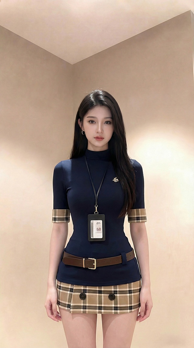 将图一的深蓝色半高领中袖上衣、格纹袖口、格纹短裙、棕色腰带、同款胸针穿搭换到图二的人物身上，穿搭完全一致，半身画面，人物身材比例优越，腰细腰臀比突出，模特身材，双手自然下垂，发型自然，灯光自然，人物姿态自然