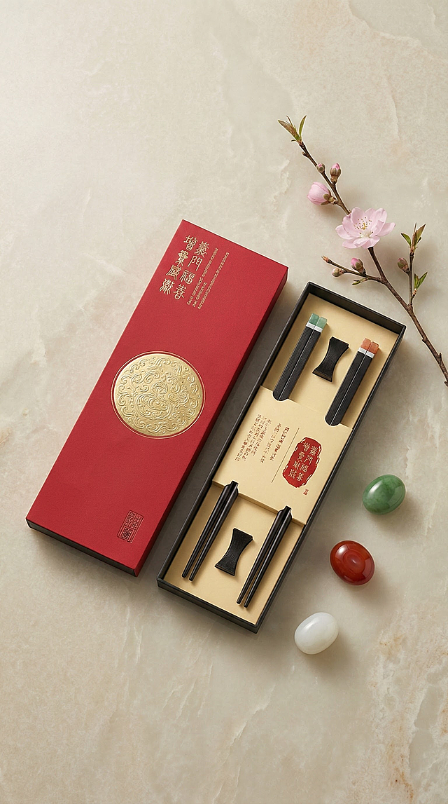 主体：参考图中宝石筷子礼盒套装合理放置
场景：极简中式美学布景（浅米色玉石背景墙、3颗宝石点缀、浅粉色禅意花枝一小支）
光影风格：柔和摄影棚侧光、干净阴影、低饱和度色调、商业广告级写实质感
视角：根据构图自由调整视角
要求：筷子质感细腻高级，商业摄影风格，构图精致有层次，干净高级的美学质感，2K高清。
