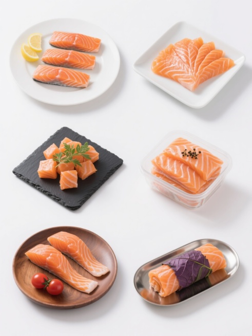 纯白色背景下，6个完全不同造型的三文鱼元素规整排布组成的系列素材集合，保持高分辨率摄影写实风格，明亮均匀的顶光照明，突出三文鱼橙红色的鲜嫩肉质和清晰白色脂肪纹理。第一张为白色圆盘中整齐排列的三块厚切三文鱼排配两片柠檬；第二张为长方形白色瓷盘中的三文鱼刺身切片，薄而透亮呈扇形摆放；第三张为黑色方形石板上的三文鱼丁，点缀绿色香草；第四张为玻璃保鲜盒中叠放的三文鱼块，表面撒有少许黑胡椒；第五张为木质……预览效果