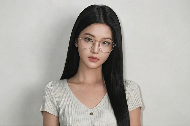 参考图二和图三的玫瑰金色多边形眼镜，将这副眼镜自然佩戴到图一人物的脸上，保持人物原本的五官、发型和衣着不变，眼镜位置合适，光影自然，整体效果真实协调