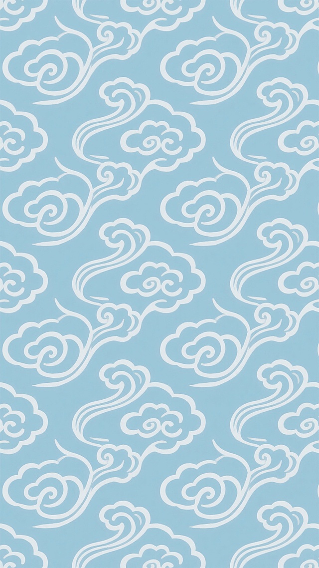 中国传统云纹图案，以白色线条勾勒流畅飘逸的卷云、如意云纹造型，形成连续无缝的底纹背景，底纹颜色改为清新雅致的淡蓝色，整体风格简约古朴，线条细腻均匀，图案分布疏密有致，具有古典装饰美感和传统韵味。